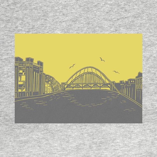 Tyne Bridge and Bridges of NewcastleGateshead Quayside Linocut in Yellow and Grey by Maddybennettart